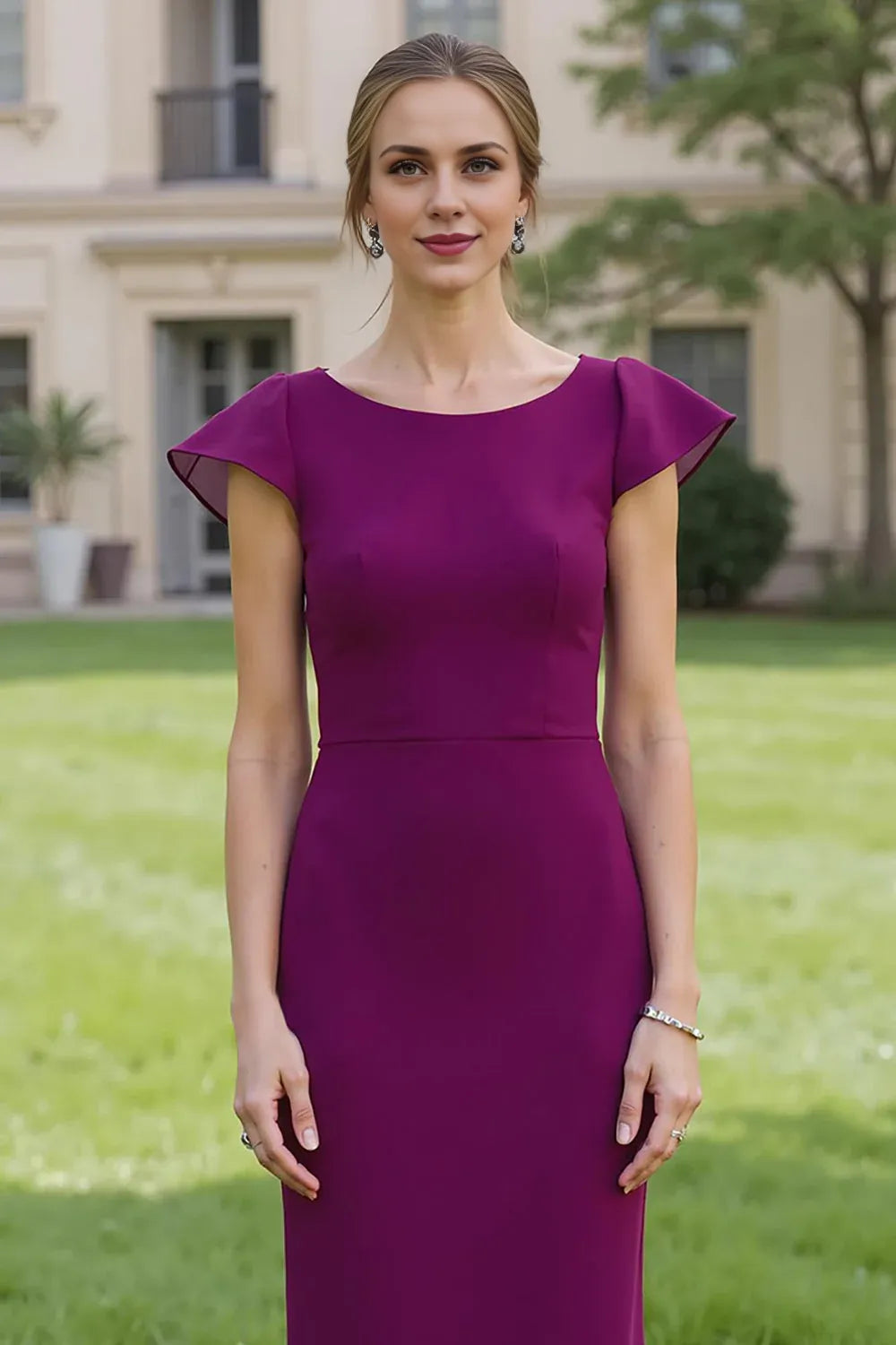 Simple Grape Sheath Long Satin Mother of the Bride Dress with Sleeves