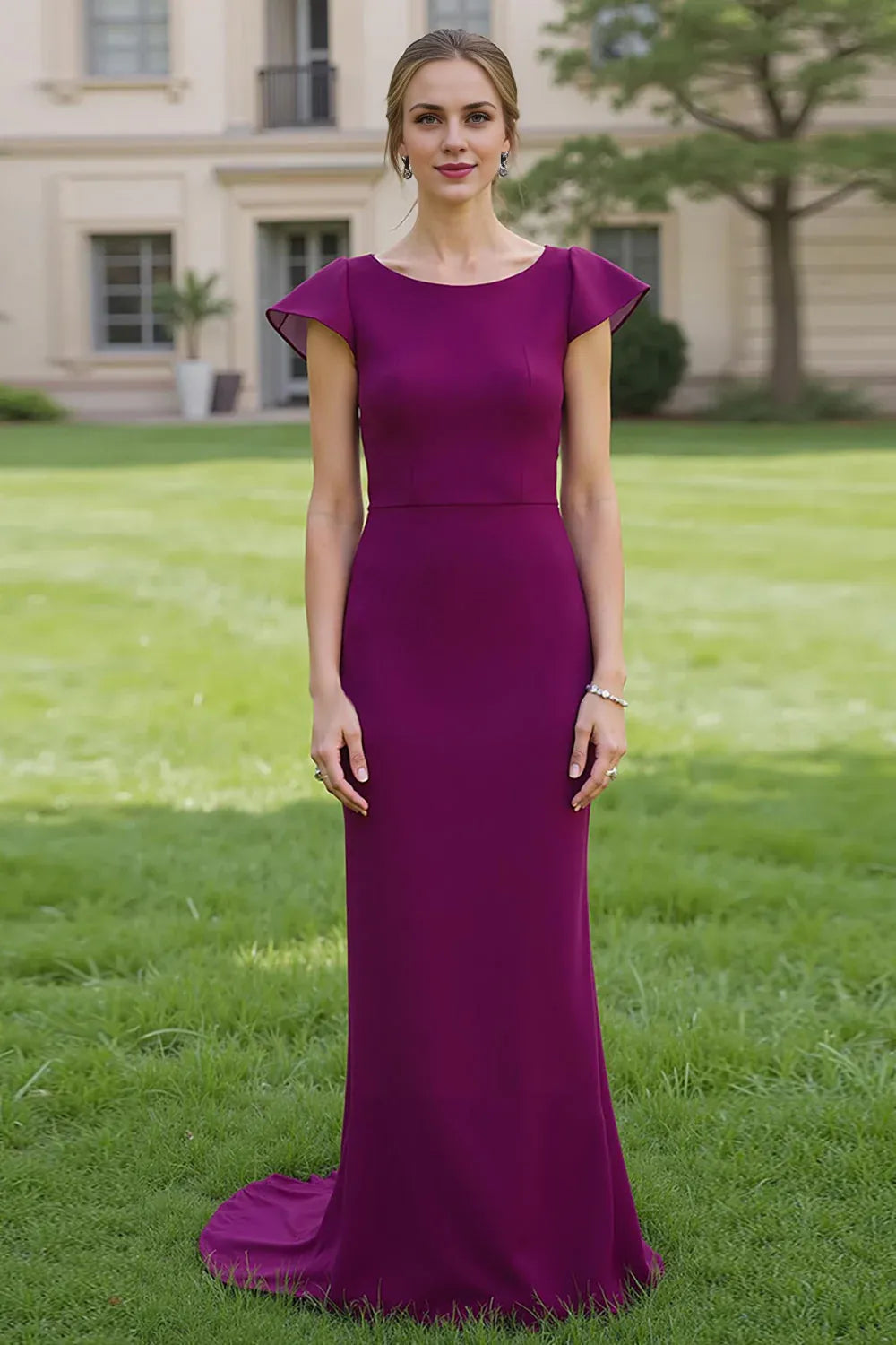 Simple Grape Sheath Long Satin Mother of the Bride Dress with Sleeves