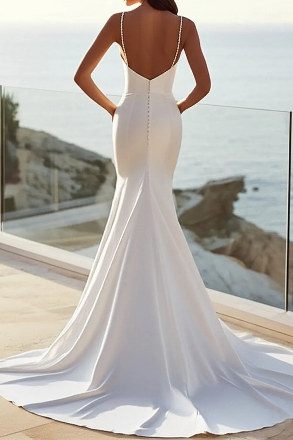Simple Ivory Mermaid Satin Sweep Train Spaghetti Straps Wedding Dress ﻿