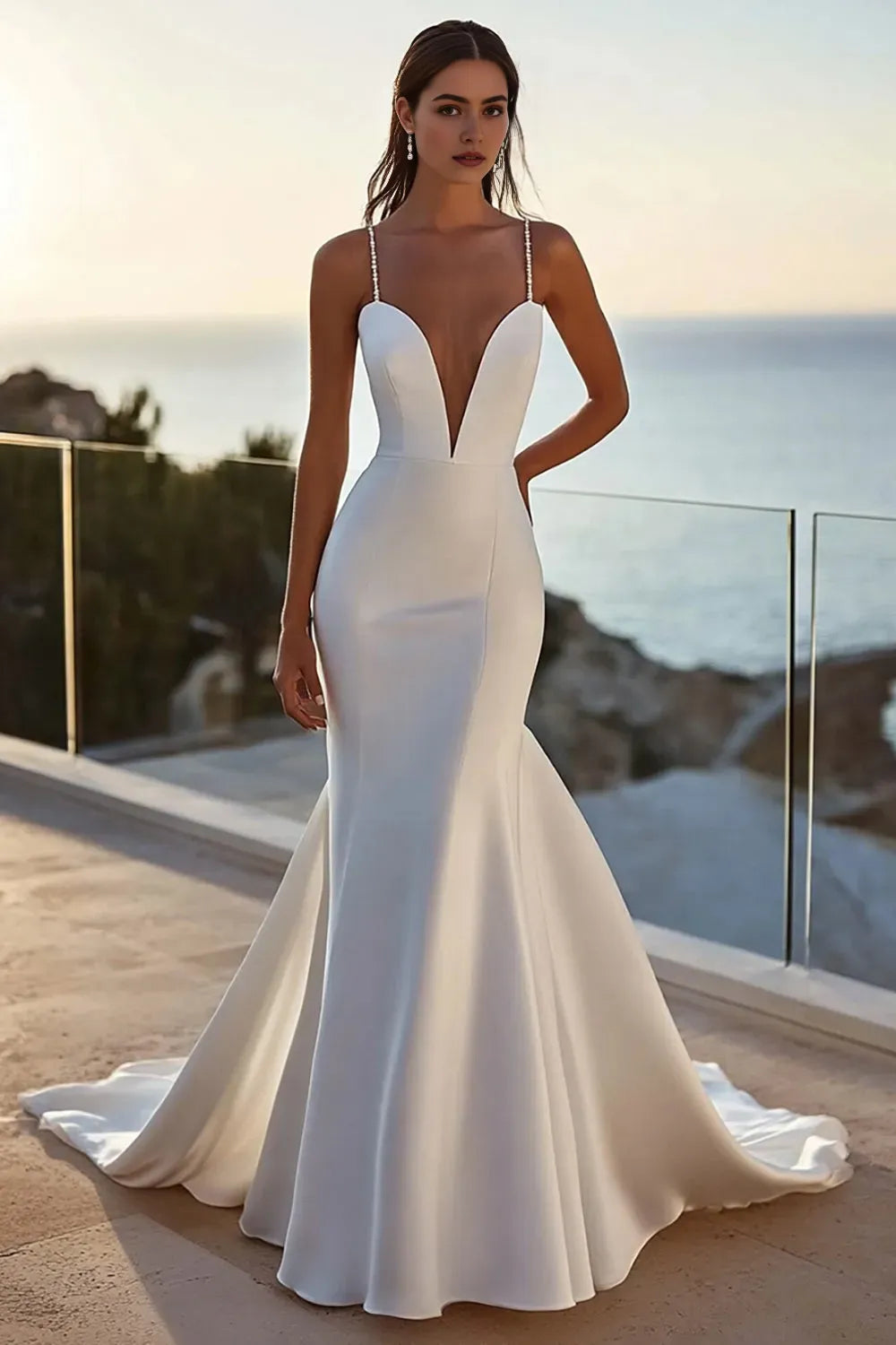 Simple Ivory Mermaid Satin Sweep Train Spaghetti Straps Wedding Dress ﻿