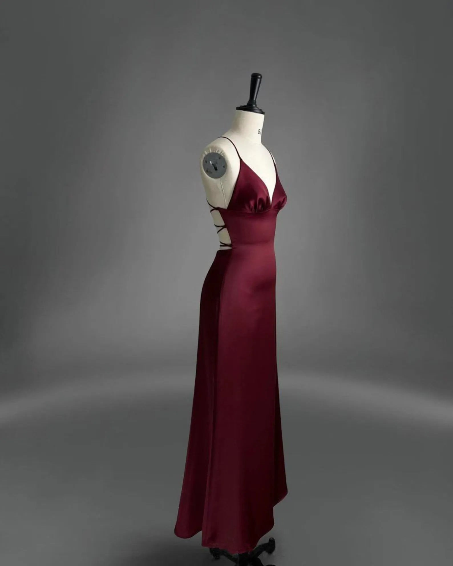 Simple Mermaid Spaghetti Strap Lace-Up Back Satin Burgundy Long Prom Dress