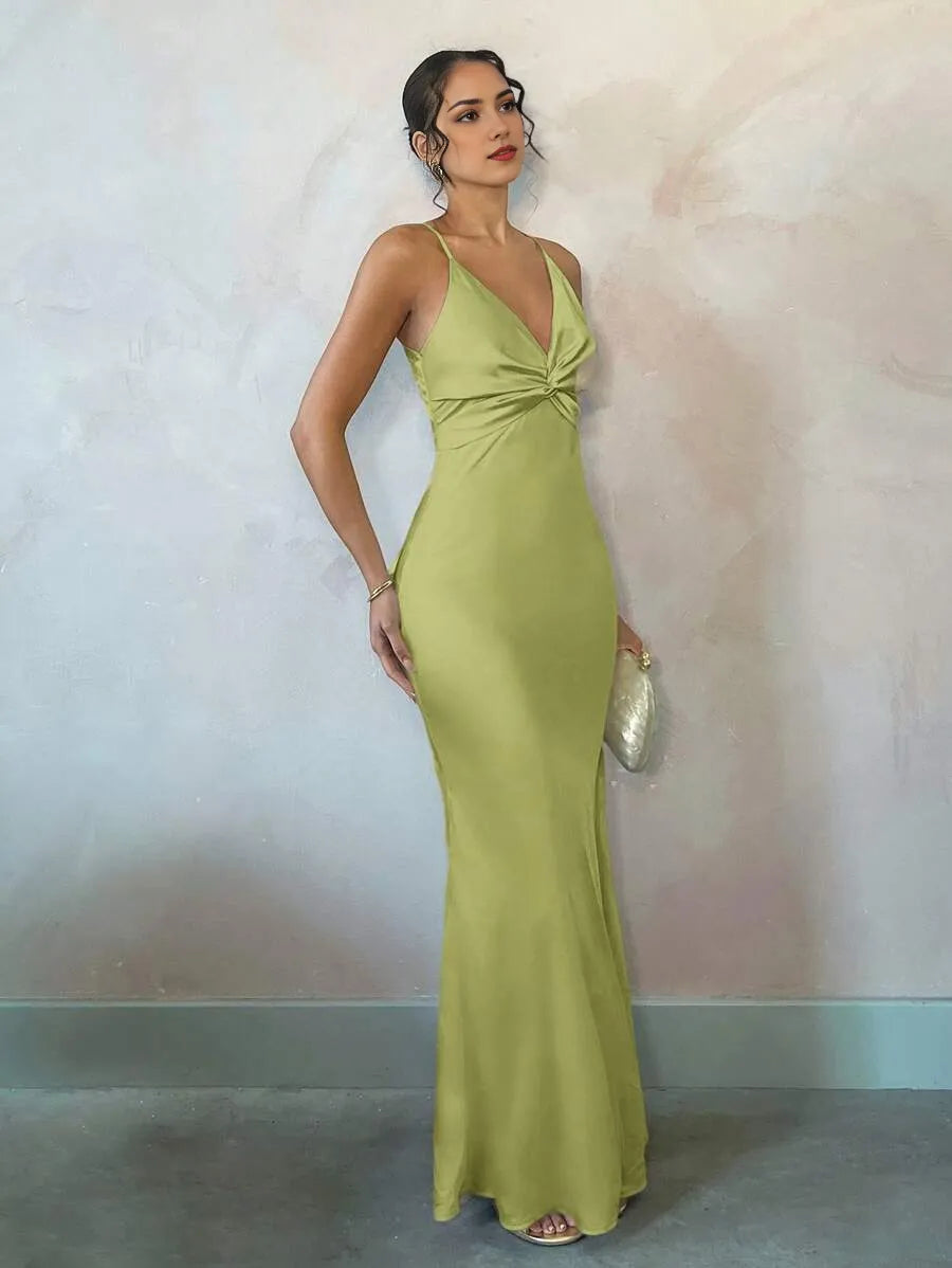 Simple Mermaid V- Neck Spaghetti Straps Twist Crisscross Back Floor-Length Satin Prom Dress