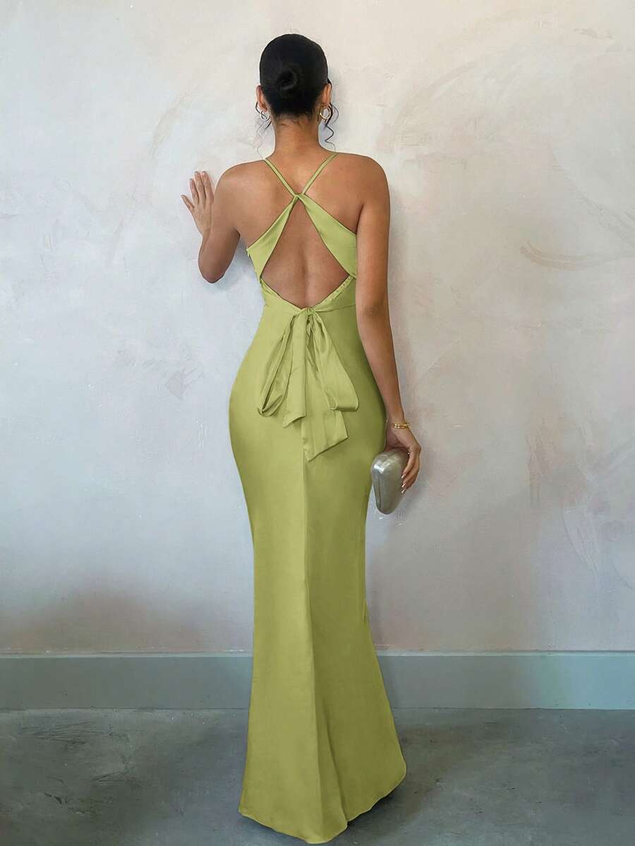 Simple Mermaid V- Neck Spaghetti Straps Twist Crisscross Back Floor-Length Satin Prom Dress