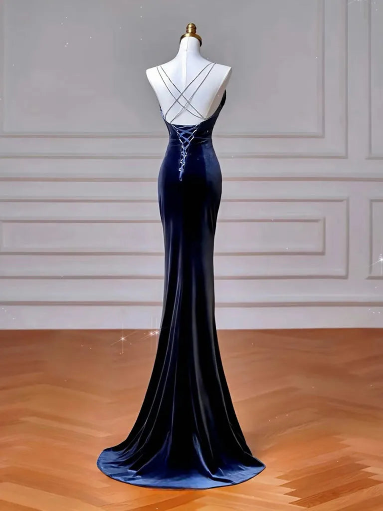 Simple Mermaid Velvet Dark Blue Long Prom Dress Dark Blue Long Formal Dress