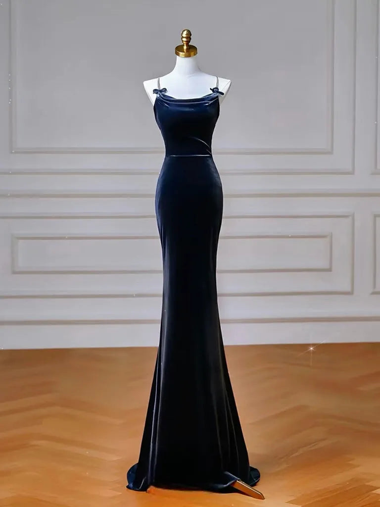 Simple Mermaid Velvet Dark Blue Long Prom Dress Dark Blue Long Formal Dress