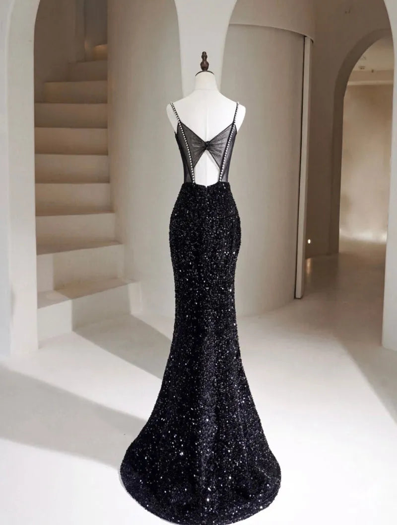Simple Mermaid Velvet Sequin Black Long Prom Dress Black Long Evening Dress