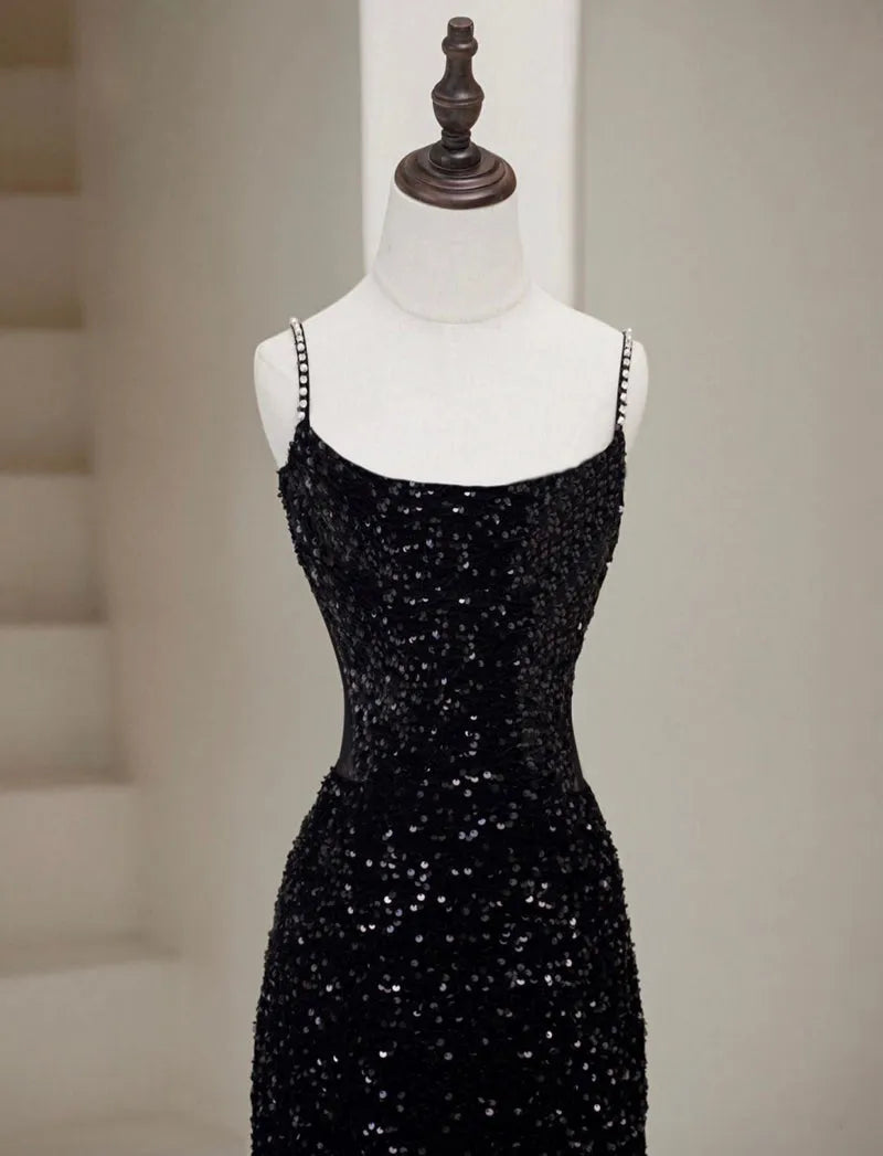 Simple Mermaid Velvet Sequin Black Long Prom Dress Black Long Evening Dress