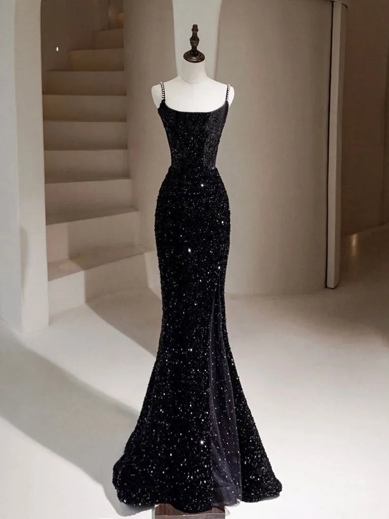 Simple Mermaid Velvet Sequin Black Long Prom Dress Black Long Evening Dress