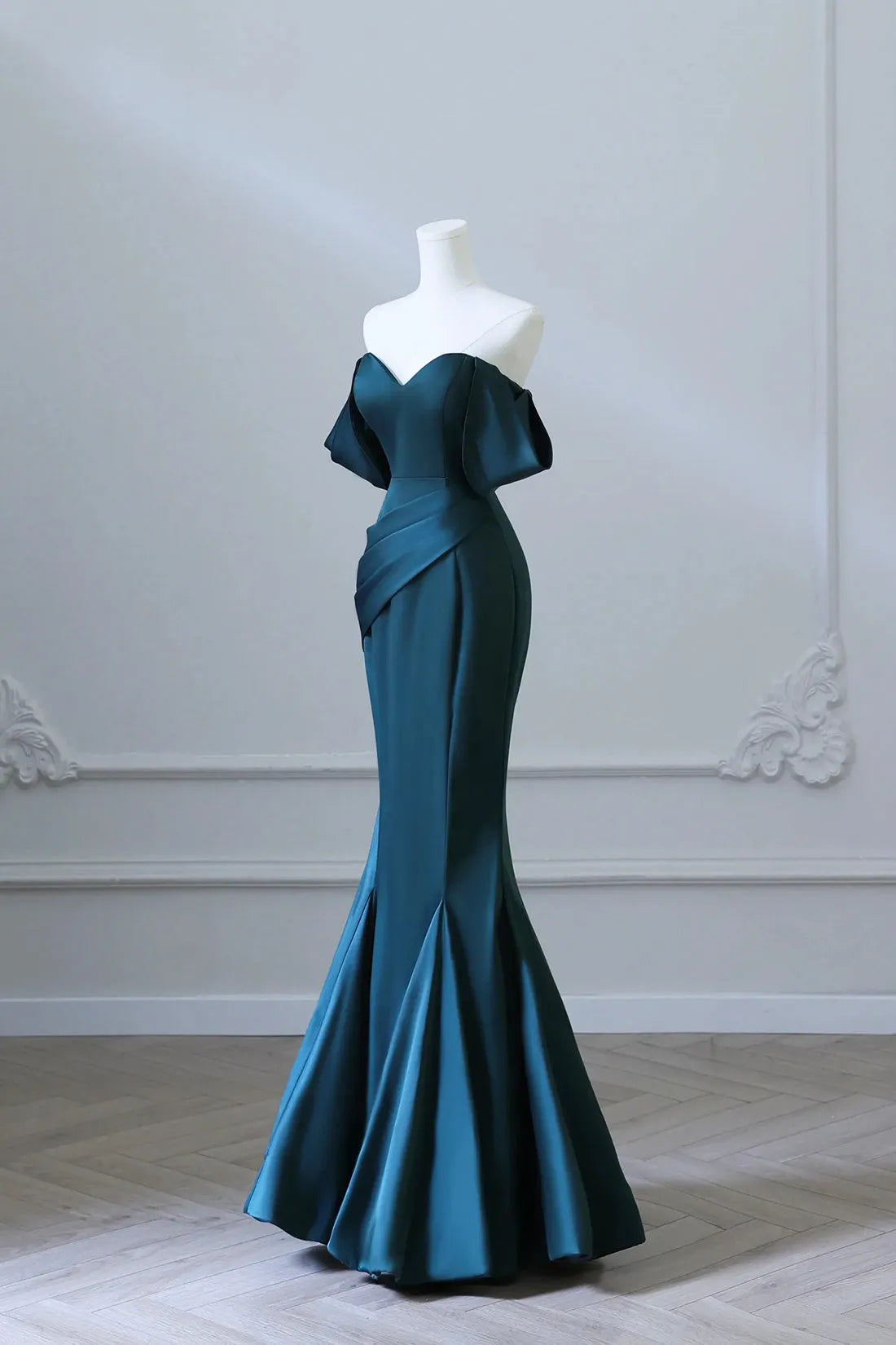 Simple Off Shoulder Satin Ink Blue Long Prom Dress Ink Blue Mermaid Formal Dress