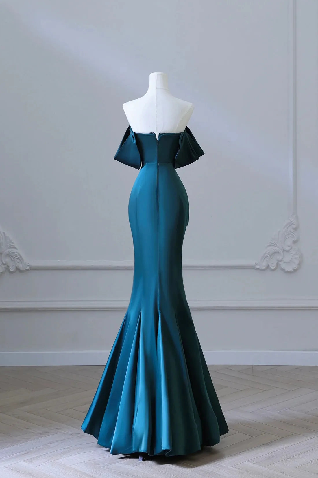 Simple Off Shoulder Satin Ink Blue Long Prom Dress Ink Blue Mermaid Formal Dress