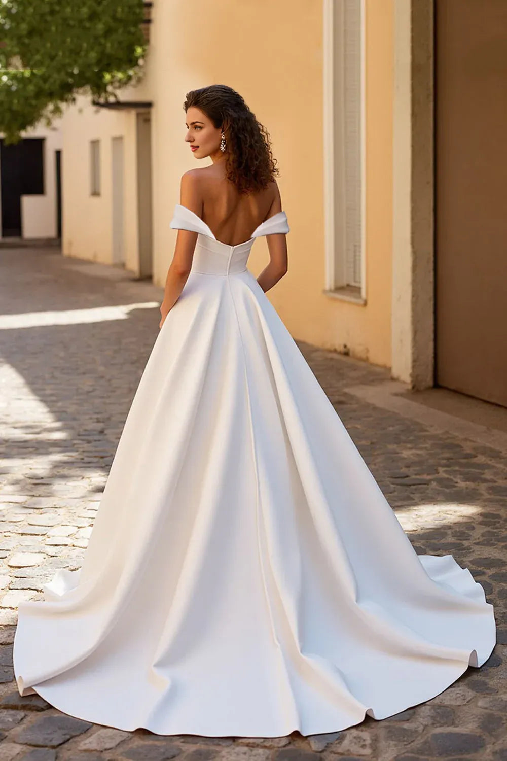 Simple Off the Shoulder A Line Satin Sweep Train Wedding Dress