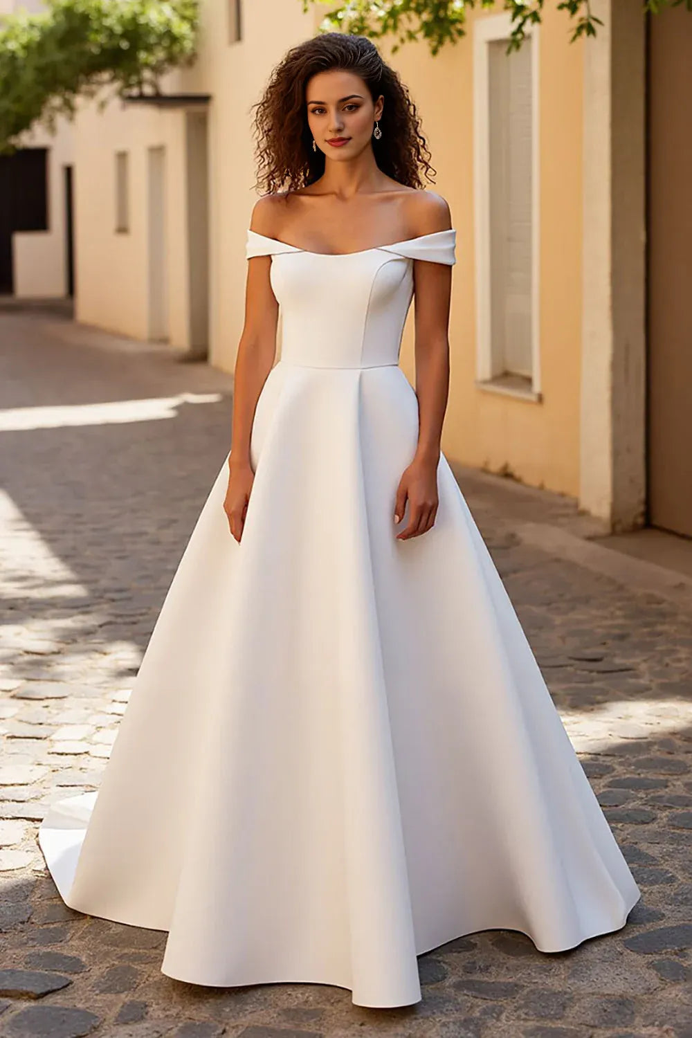Simple Off the Shoulder A Line Satin Sweep Train Wedding Dress