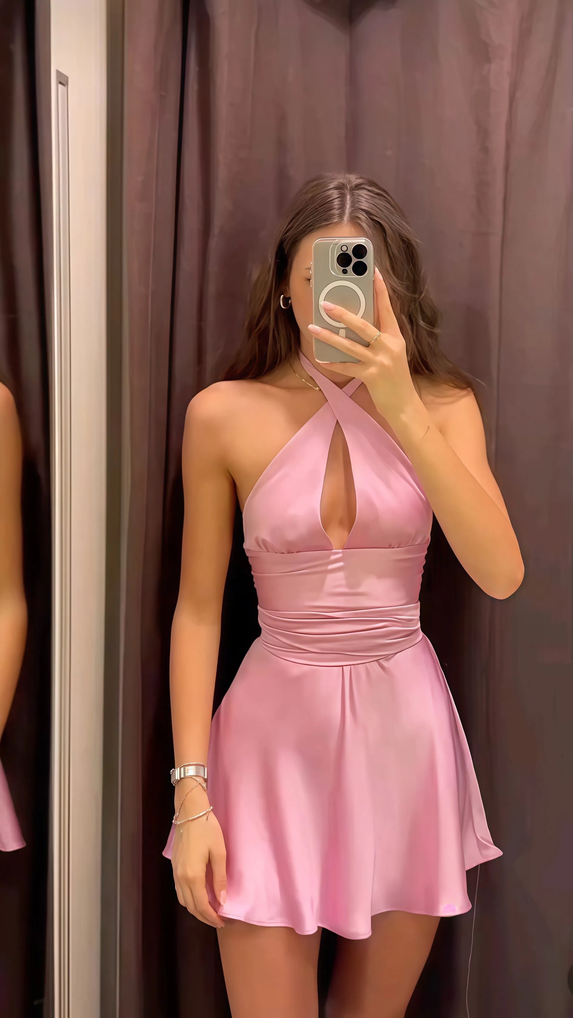Simple Pink Halter Satin Homecoming Dress with Cross Halter Neckline Cut Out Detail  Flared Skirt for Prom Nigh