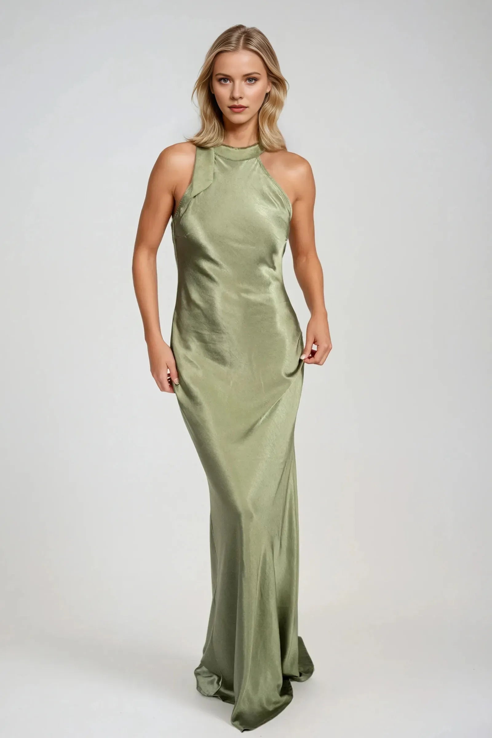 Simple Sage Green Mermaid Halter Neckline Sleeveless Open Back Tie-Back Floor-Length Prom Dresses for ladies Hot Sale
