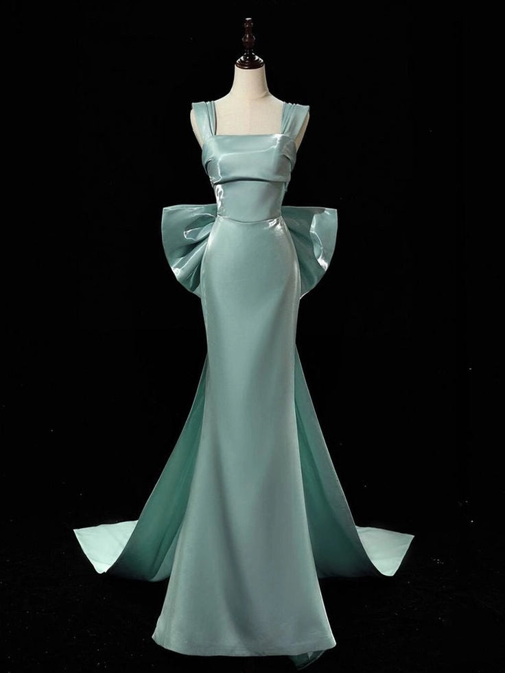 Simple Satin Bow Tie Green Long Prom Dress Green Long Formal Dress
