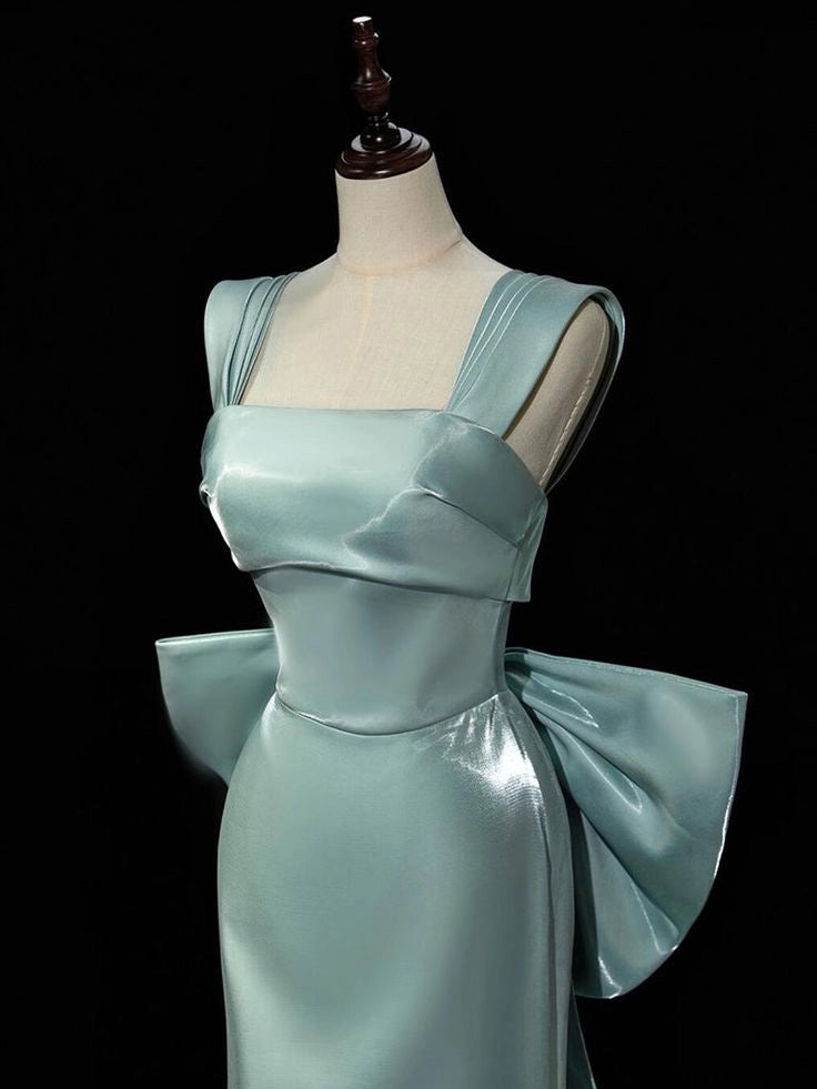 Simple Satin Bow Tie Green Long Prom Dress Green Long Formal Dress