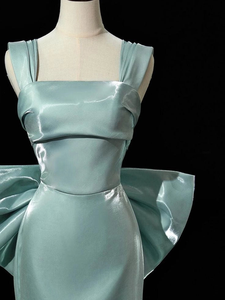 Simple Satin Bow Tie Green Long Prom Dress Green Long Formal Dress