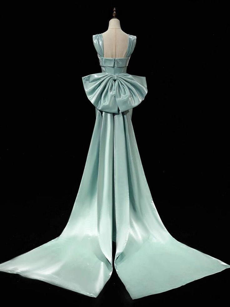 Simple Satin Bow Tie Green Long Prom Dress Green Long Formal Dress