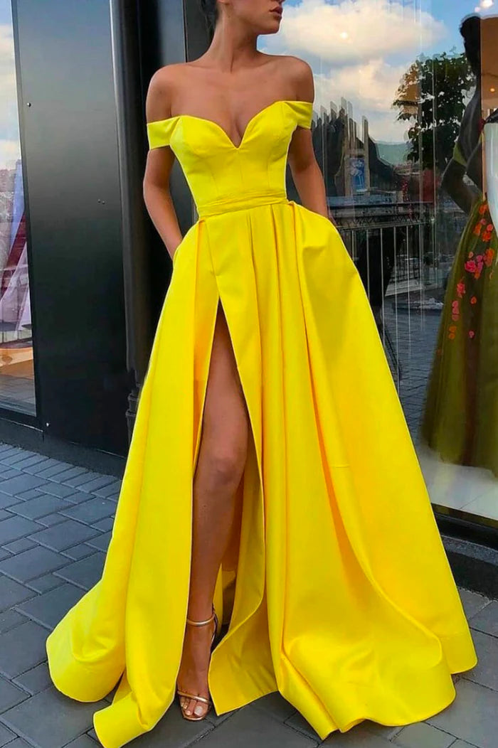 Simple Satin Long A-Line Prom Dress Off the Shoulder Evening Dress with Slit