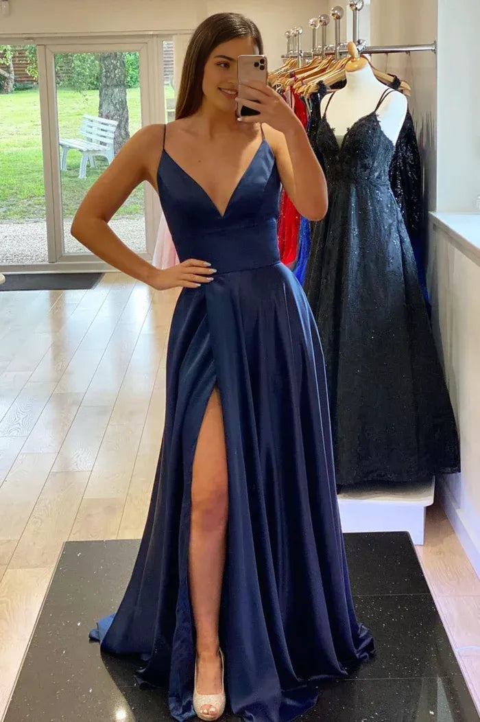 Simple Satin Long A-Line Prom Dress  V-Neck Spaghetti Strap Evening Dress with Slit