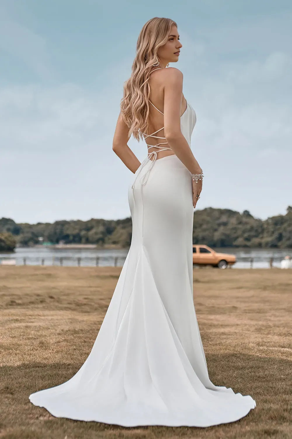 Simple Spaghetti Straps White Bridal Dress with Criss Cross Back ﻿