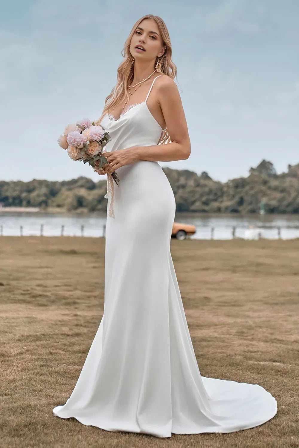 Simple Spaghetti Straps White Bridal Dress with Criss Cross Back ﻿