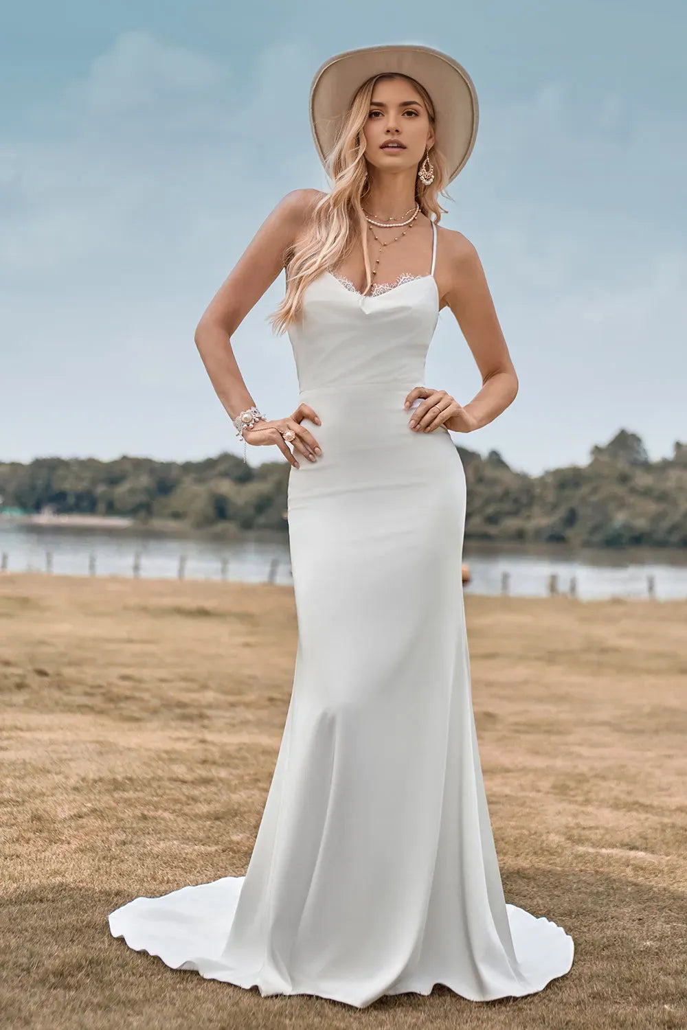Simple Spaghetti Straps White Bridal Dress with Criss Cross Back ﻿