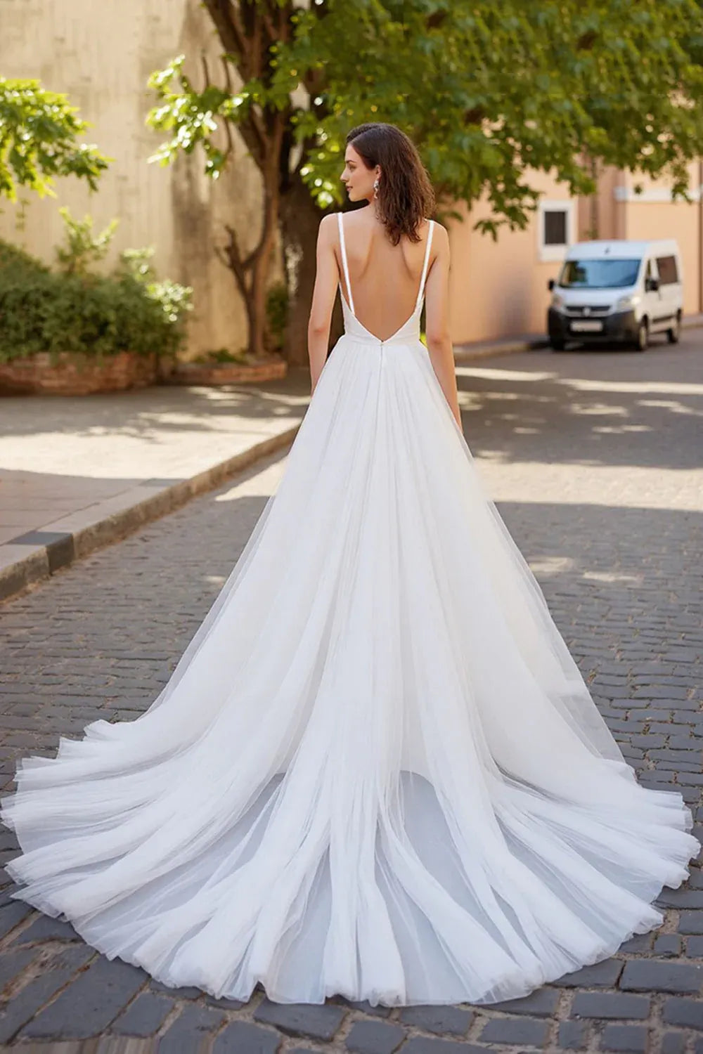Simple V-Neck A Line Tulle Sweep Train Wedding Dress