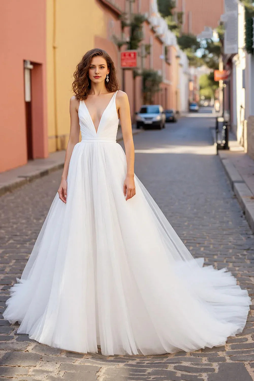 Simple V-Neck A Line Tulle Sweep Train Wedding Dress