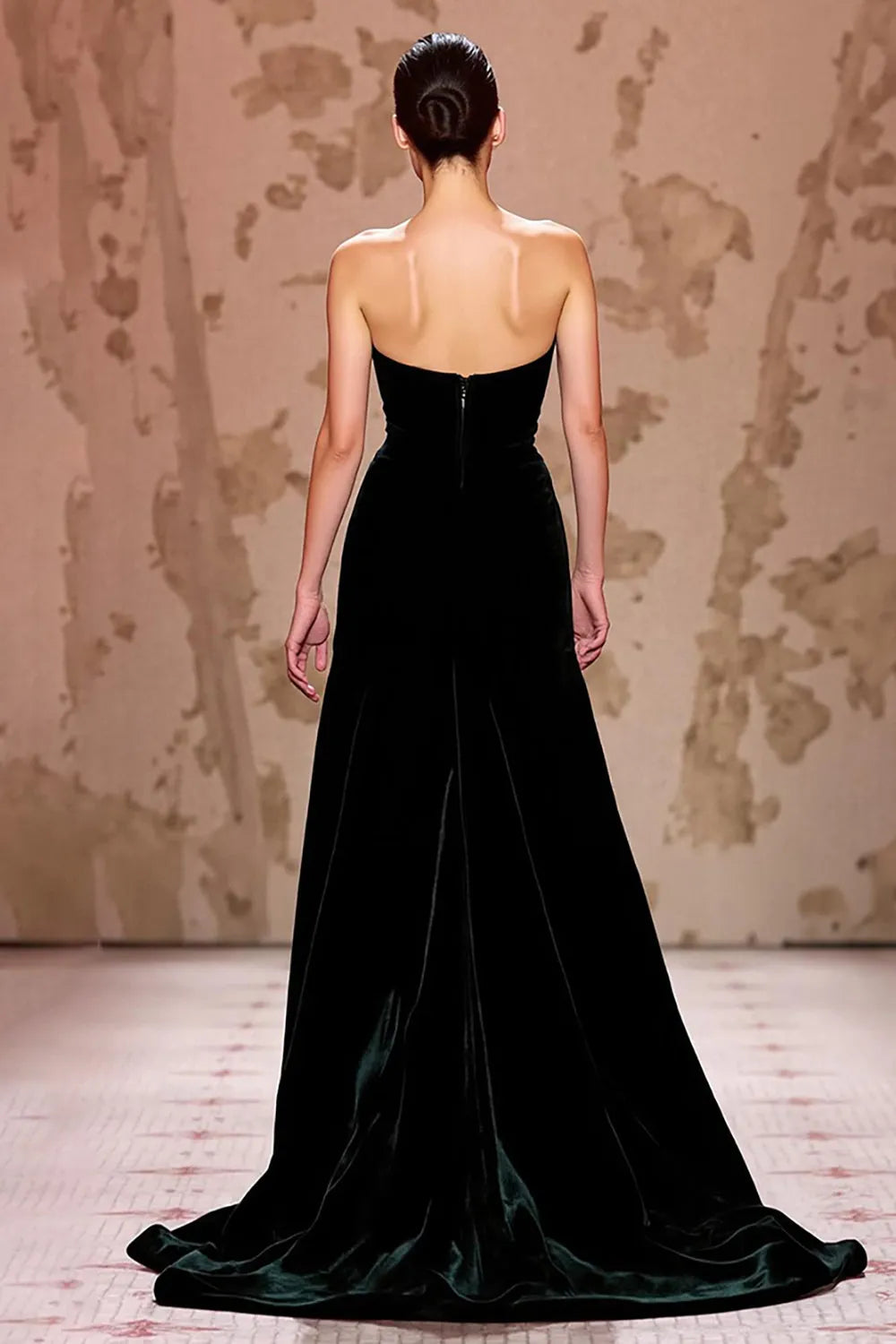 Simple Velvet Black Strapless Long Evening Dress with Slit ?