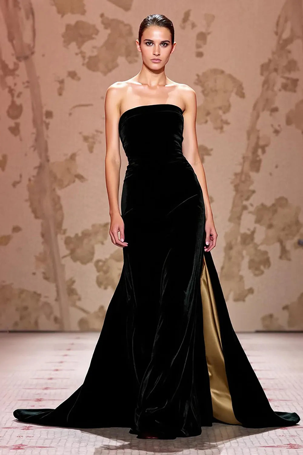 Simple Velvet Black Strapless Long Evening Dress with Slit ?