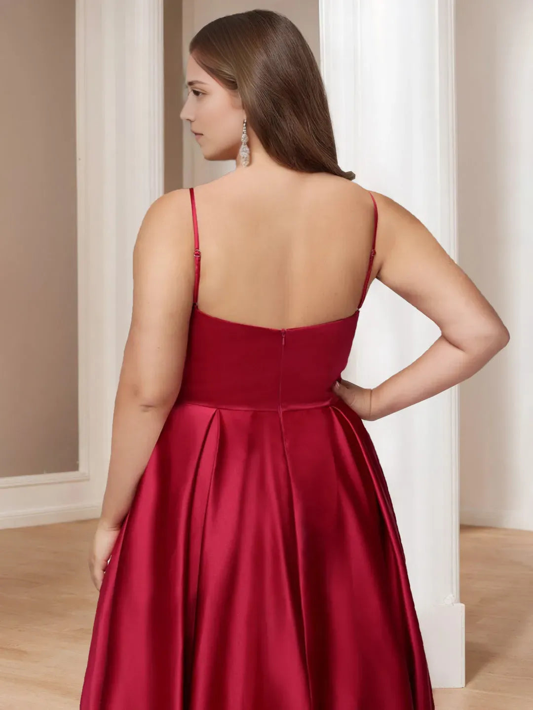 Simple Wine Red A-Line Square Neck Sleeveless Back Zip Floor-Length Plus Size Satin Prom Dresses