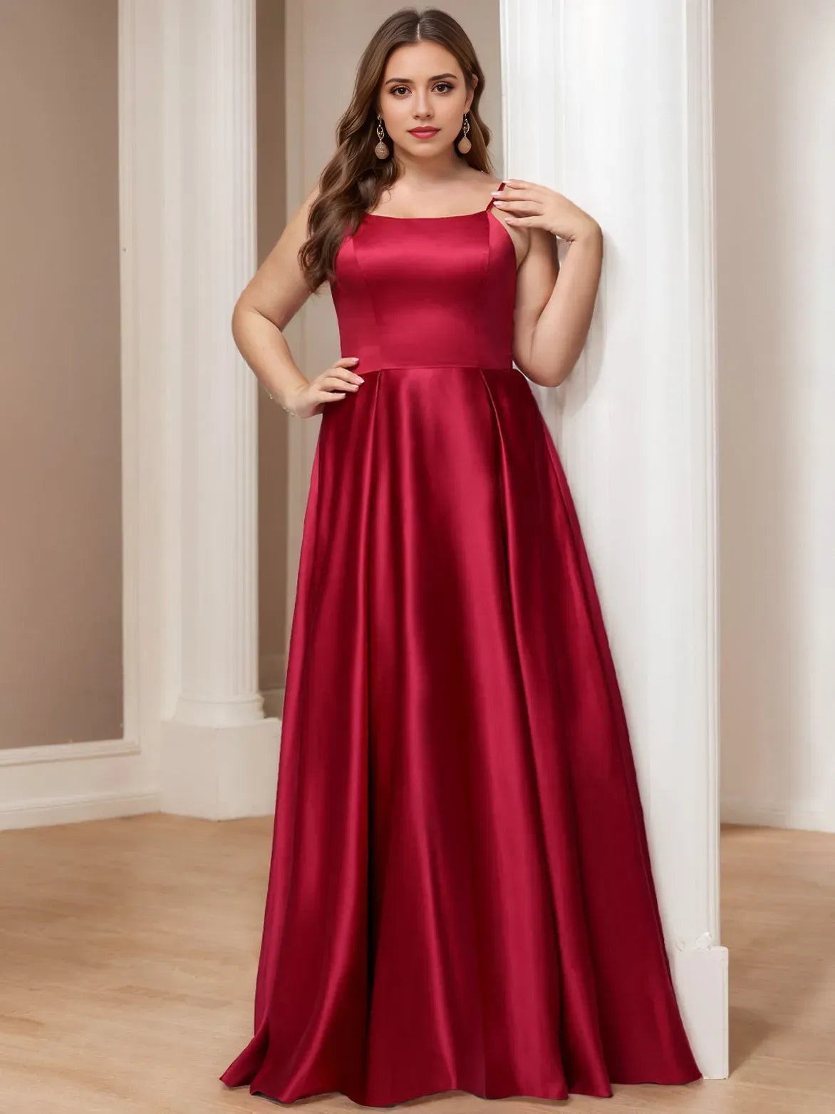 Simple Wine Red A-Line Square Neck Sleeveless Back Zip Floor-Length Plus Size Satin Prom Dresses