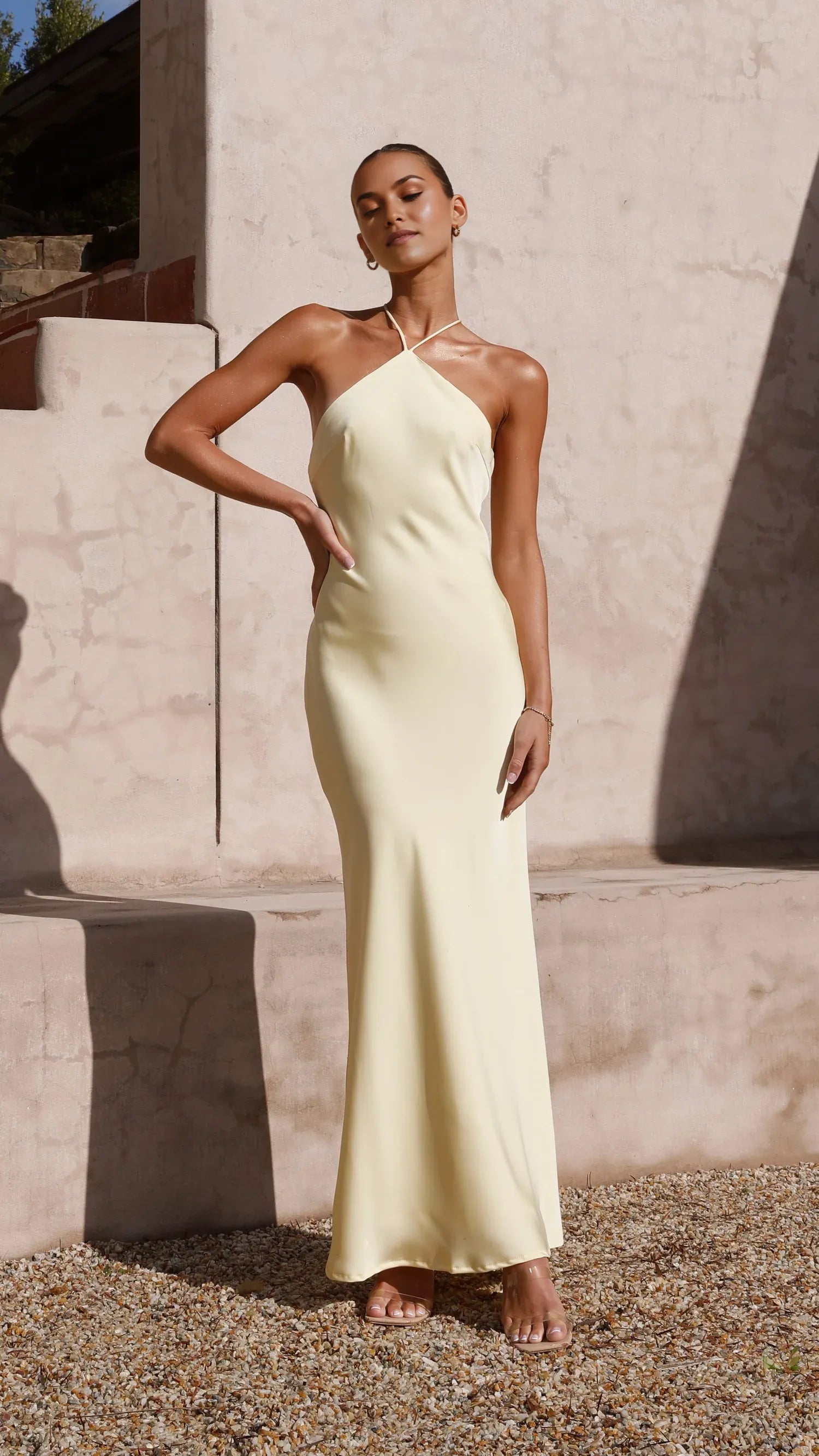 Simple Yellow Sheath Halter Neckline Sleeveless Crossover Tie Up Back Backless Ankle -Length Prom Dresses