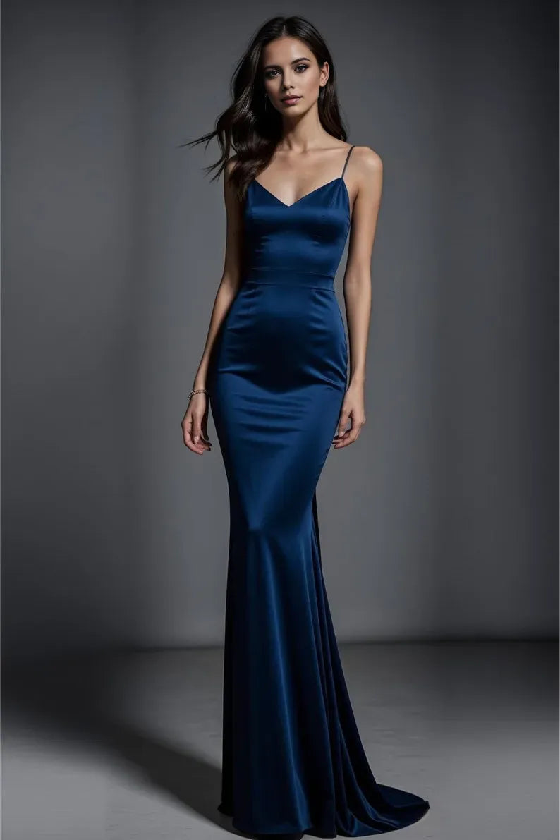 Simple Navy Blue Mermaid V-Neck Spaghetti Strap Lace Up Satin Floor-Length Prom Dresses