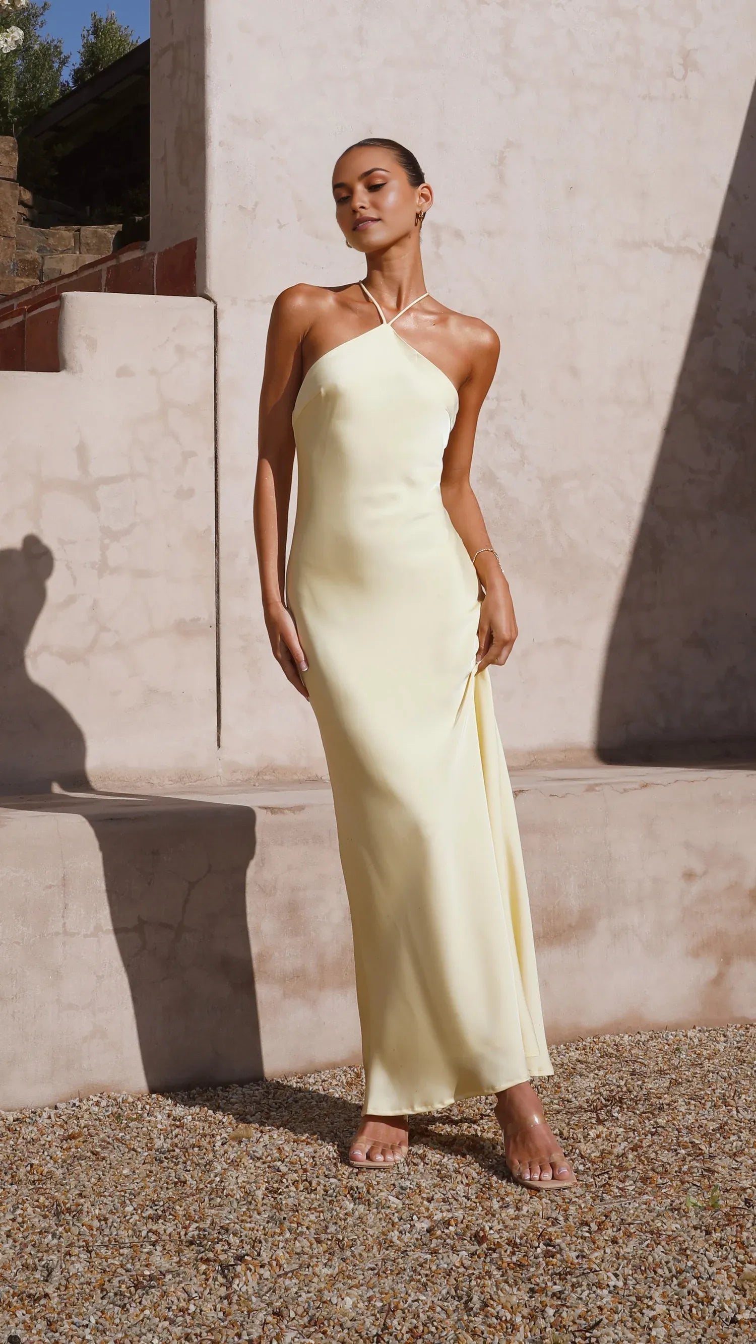 Simple Yellow Sheath Halter Neckline Sleeveless Crossover Tie Up Back Backless Ankle -Length Prom Dresses