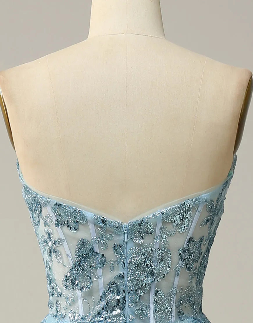 DingJiDress Sky Blue A-Line Tea Length Strapless Party Dress With Beading