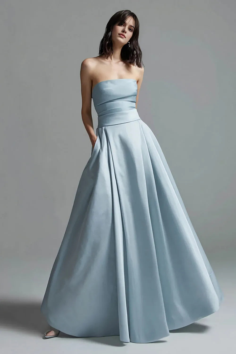 Sky Blue A Line Satin Strapless Ruched Long Formal Dress