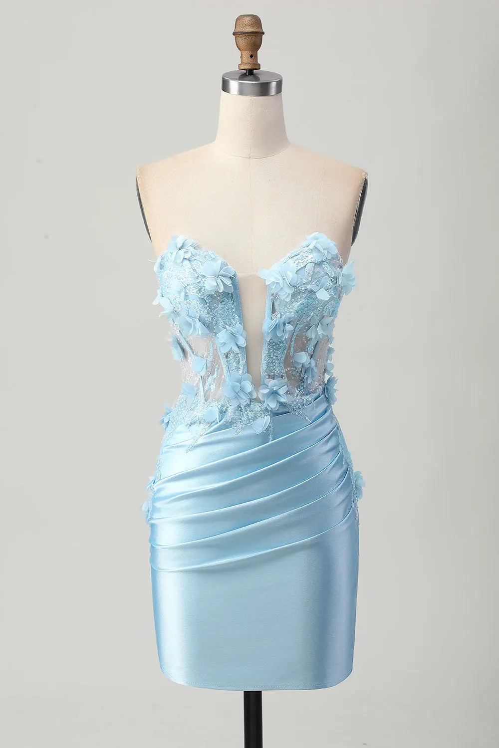 Sky Blue Corset Floral Tight Short Satin Homecoming Dress