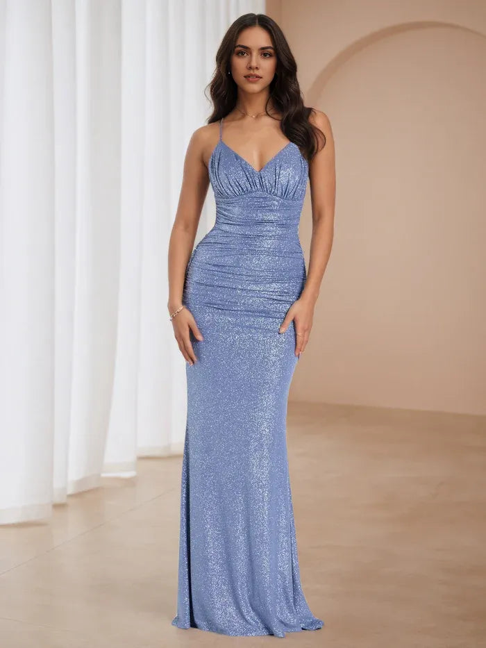 Sky Blue Glitter Mermaid Prom Dress Spaghetti Straps Ruched Bodice Club  Inspired Glam for Night Dances