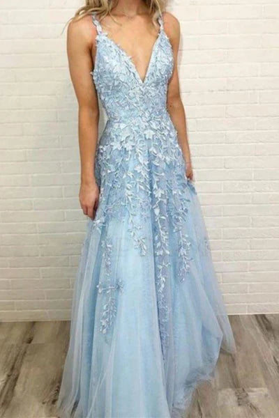 Sky Blue Lace Prom Dresses Deep V-neck A Line Long Party Elegant Floor Length Women Evening Gowns