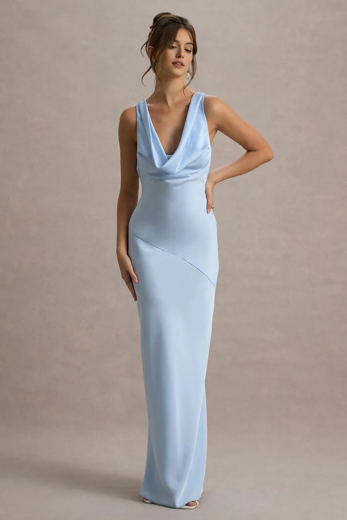 Sky Blue Satin Cowl Neck Prom Dress - Elegant Sleeveless Maxi Gown with Asymmetric Detail