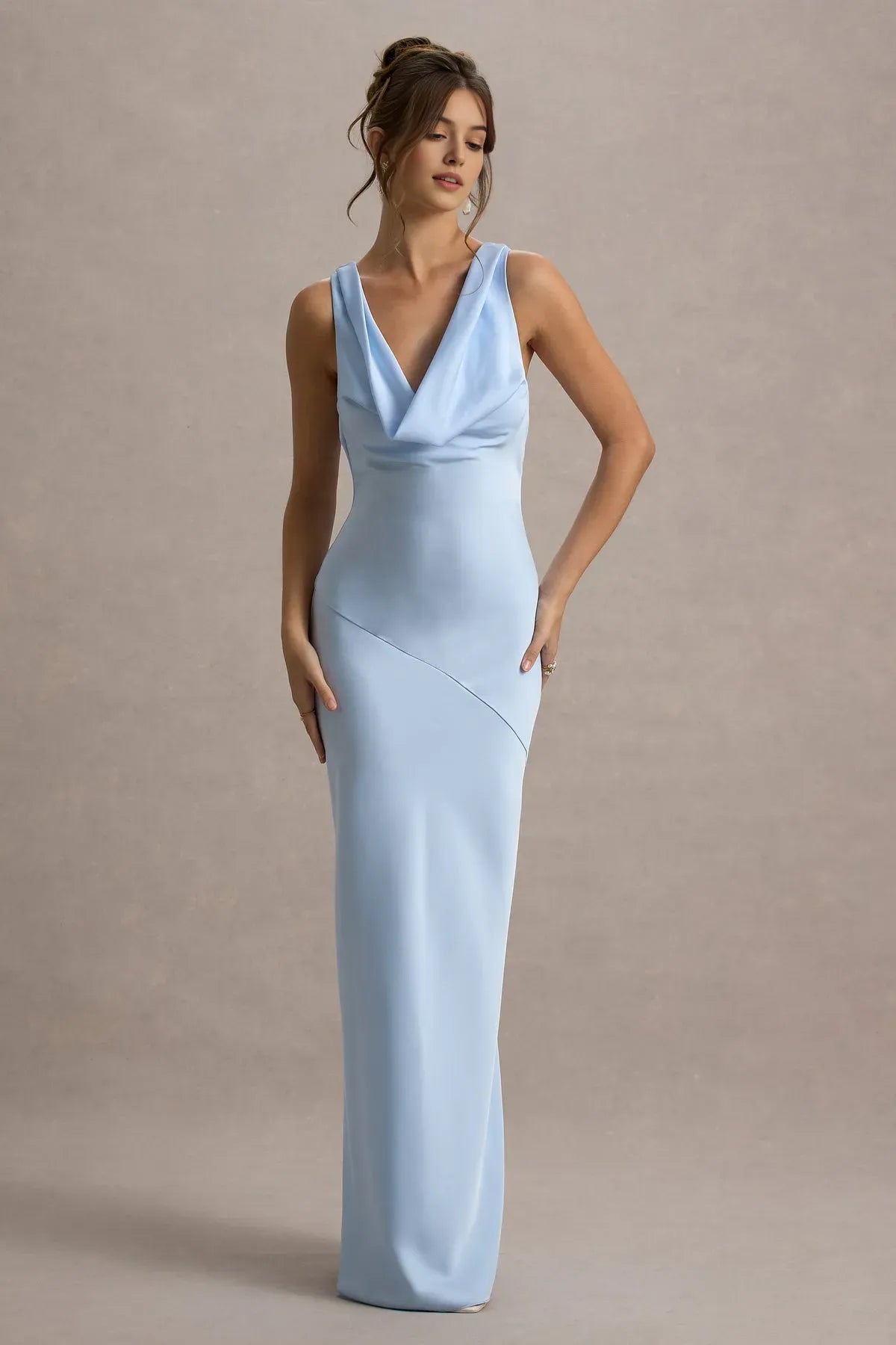 Sky Blue Satin Cowl Neck Prom Dress - Elegant Sleeveless Maxi Gown with Asymmetric Detail