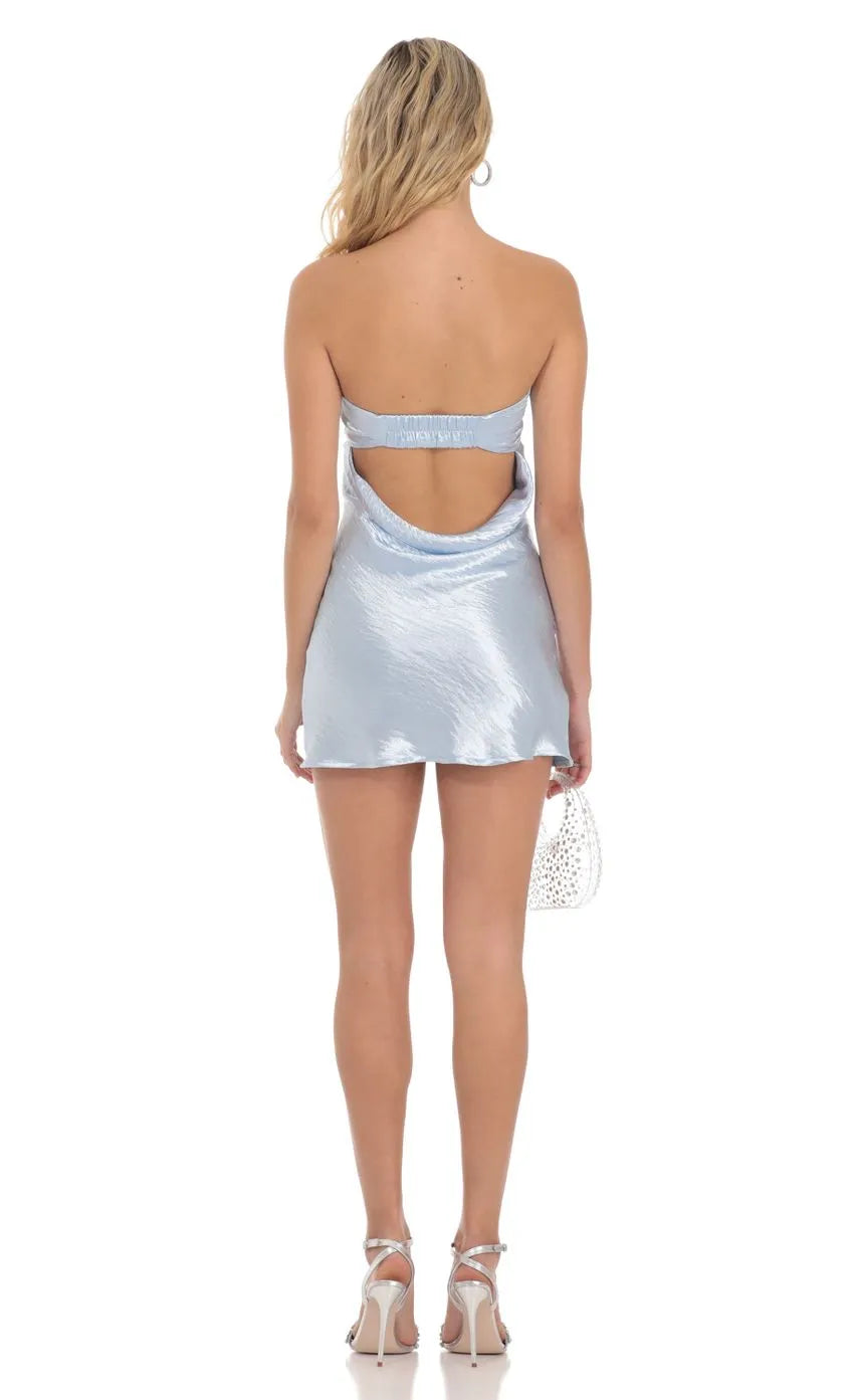 Sky Blue Satin Homecoming Dress Strapless Silhouette Sleek Fit Perfect for Minimalist Chic School Dances Sophisticated Reunion Memories