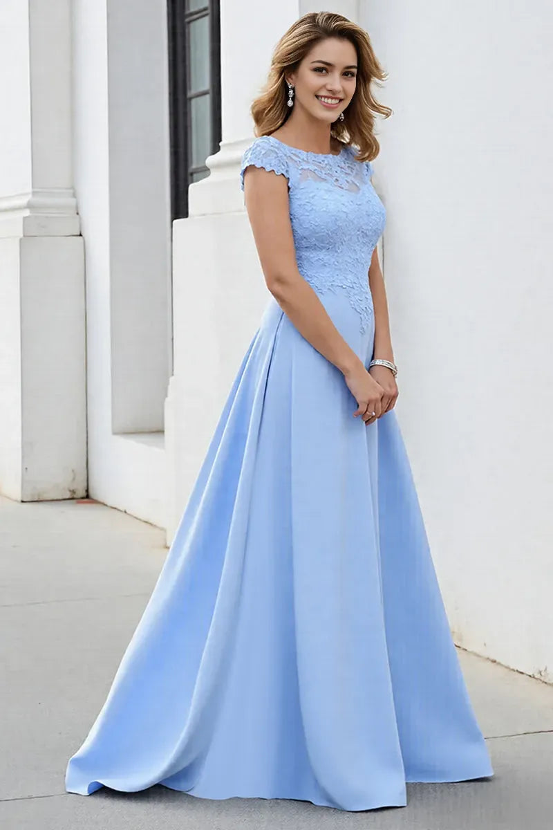 Sky Blue Satin Maxi Mother of the Bride Dress with Lace