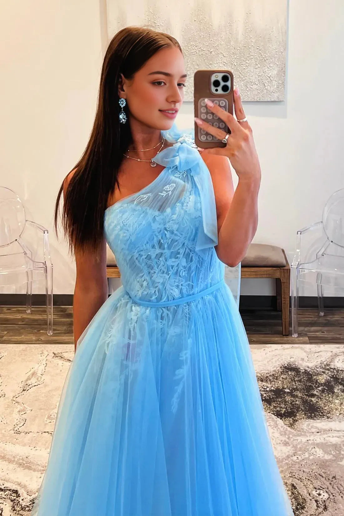 Sky Blue Tull Lace Long Prom Dress Beautiful One Shoulder Evening Party Dress