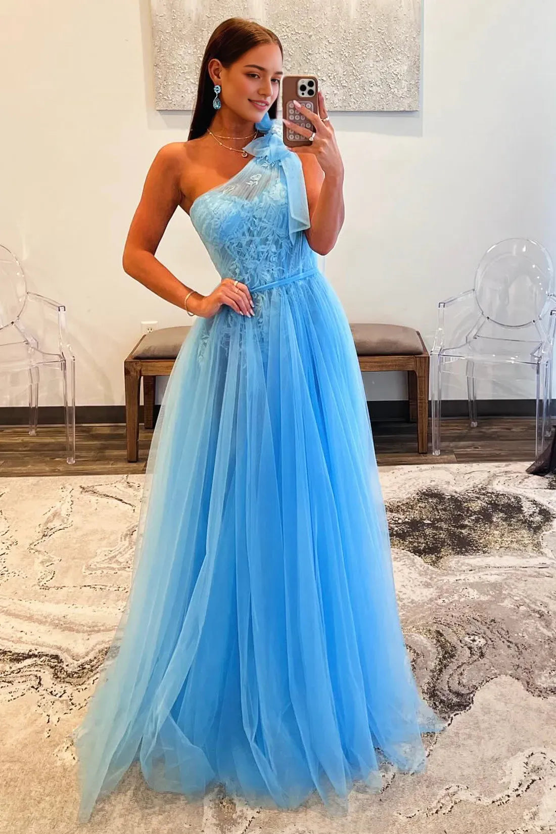 Sky Blue Tull Lace Long Prom Dress Beautiful One Shoulder Evening Party Dress