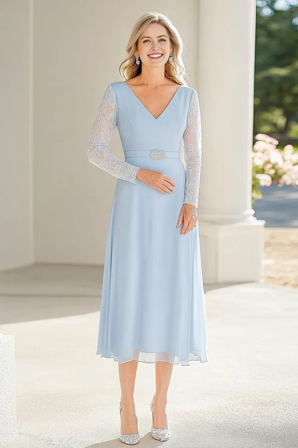 Sky Blue V-Neck Tea Length Mother of the Bride Dress with Lace