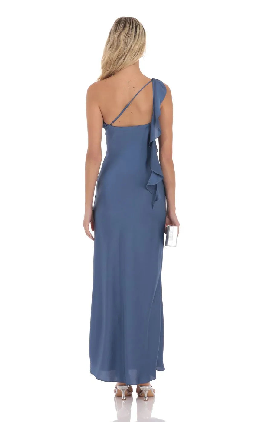 Slate Blue One - Shoulder Prom Dress with Asymmetric Drape Bow Back Detail and Floor Length Silhouette A Fashion