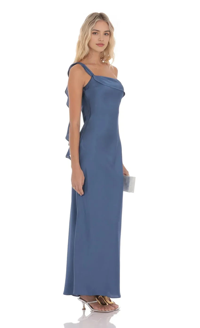 Slate Blue One - Shoulder Prom Dress with Asymmetric Drape Bow Back Detail and Floor Length Silhouette A Fashion